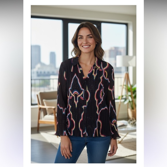 Catherine Malandrino Retro Black Crinkle Button-Down Long Sleeve Blouse … - Picture 13 of 14